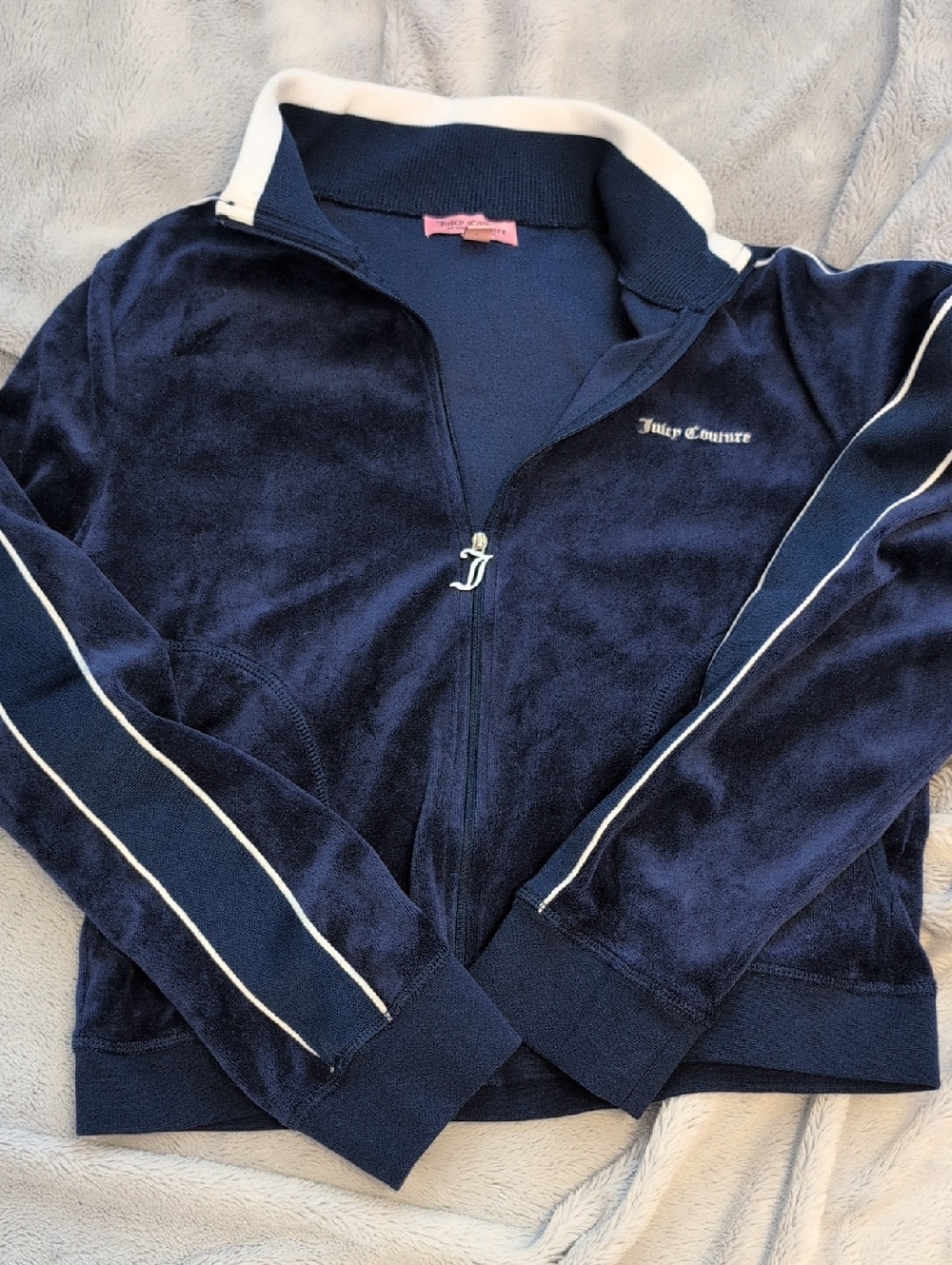 Juicy Couture Navy Velour Track Jacket And  Pants Matching Set with White Trim